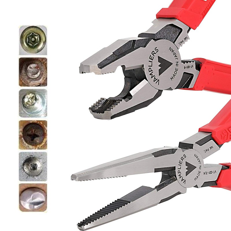 VAMPLIERS 2-PC Screw Extractor Pliers Set. Made in Japan: 7.5â€ Long Nose + 8" Heavy Duty Linesman Pliers. High Carbon Steel. For Removing Stripped/Rusted/Damaged/Security Screws. - Image 1